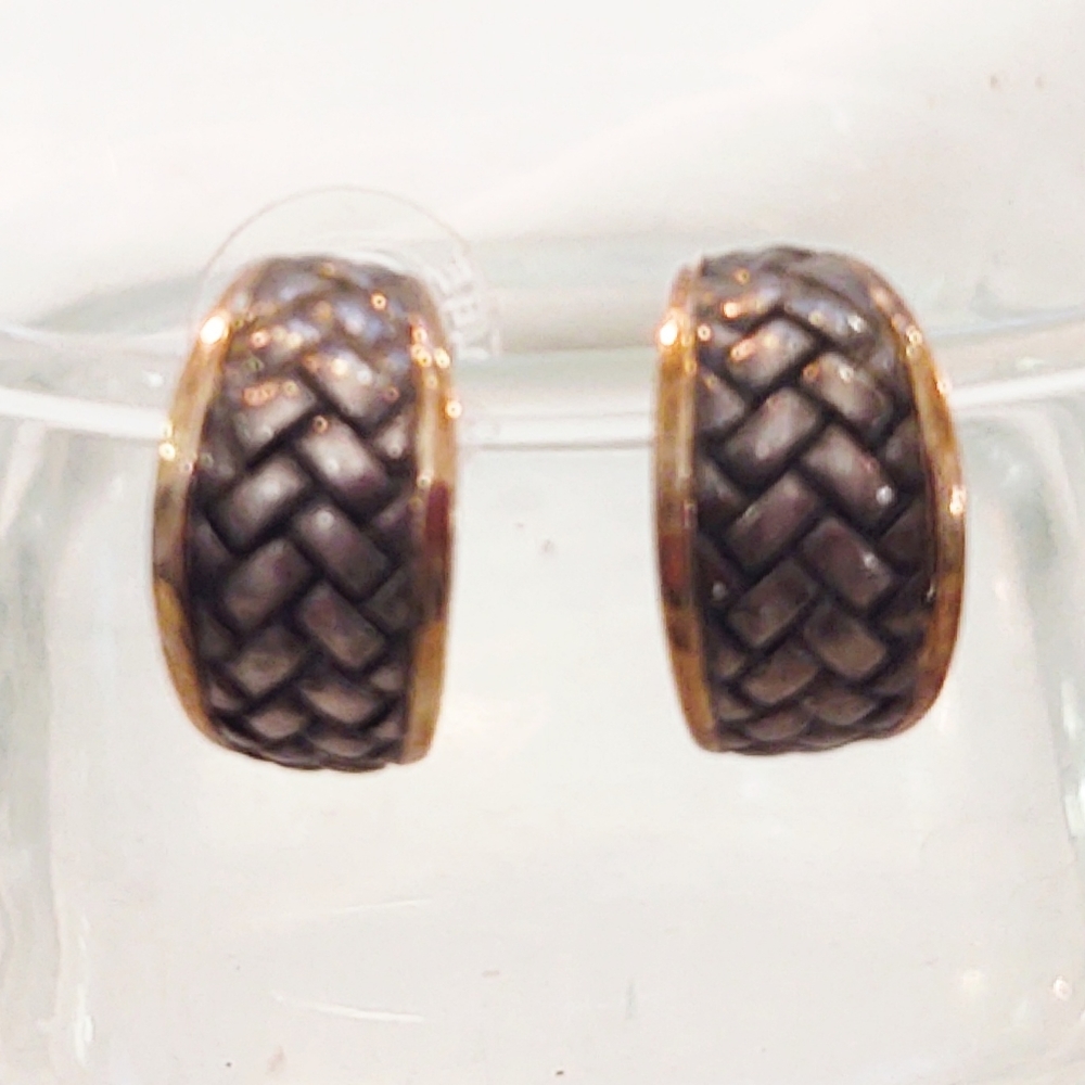 Vintage 14kt & Sterling Silver Basket Weave Earrings - Picture 3 of 5